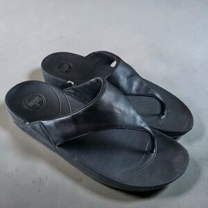 Fitflop LuLu Leather Toepost Thong Sandals Slides 288-001 Black Size 10